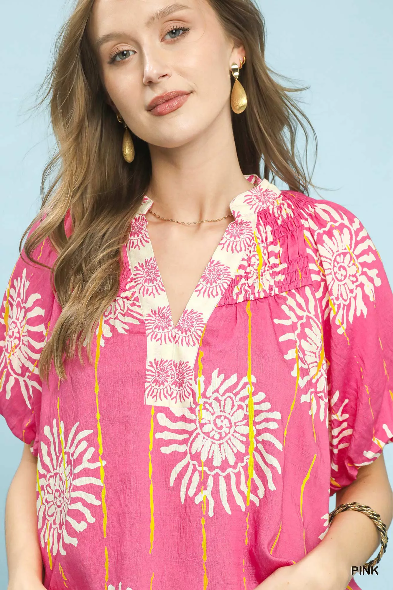 Umgee Floral Border Smocked V-Neck Boho Blouse - Image 4