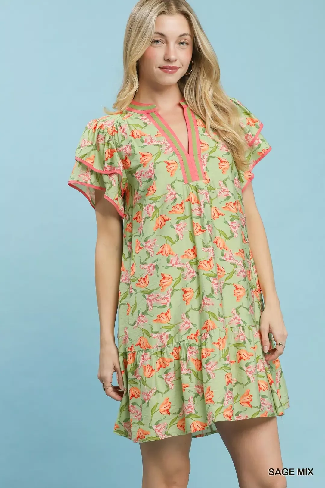 Umgee Floral Flutter Sleeve Tiered Dress - Image 2