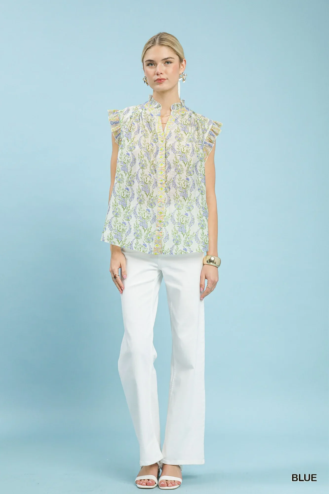 Umgee Floral Print Flutter Sleeve Split Neck Top - Image 4
