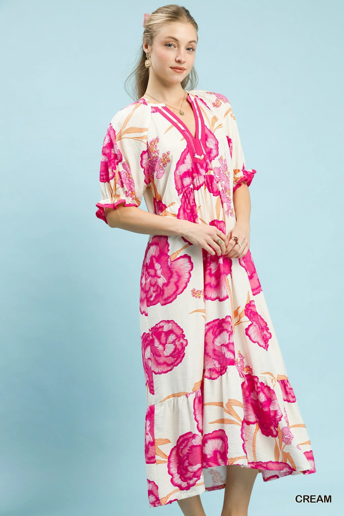 Umgee Floral Print Midi Dress with Contrast Trim - Image 2