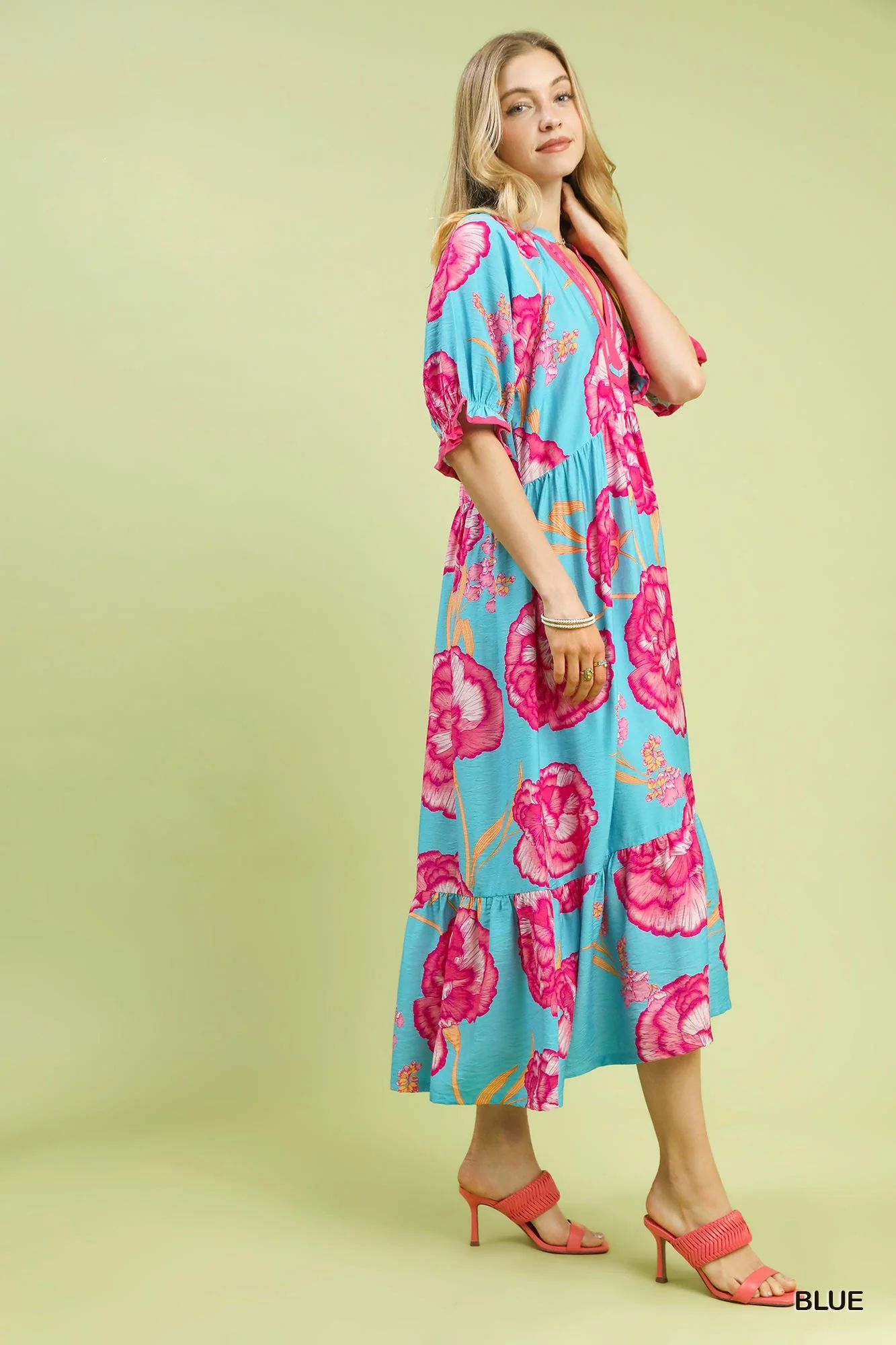 Umgee Floral Print Midi Dress with Contrast Trim - Image 2
