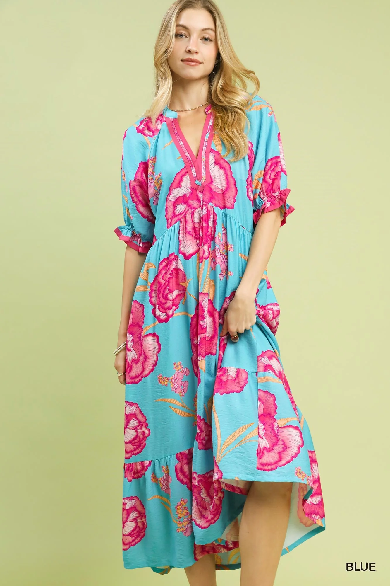 Umgee Floral Print Midi Dress with Contrast Trim - Image 4