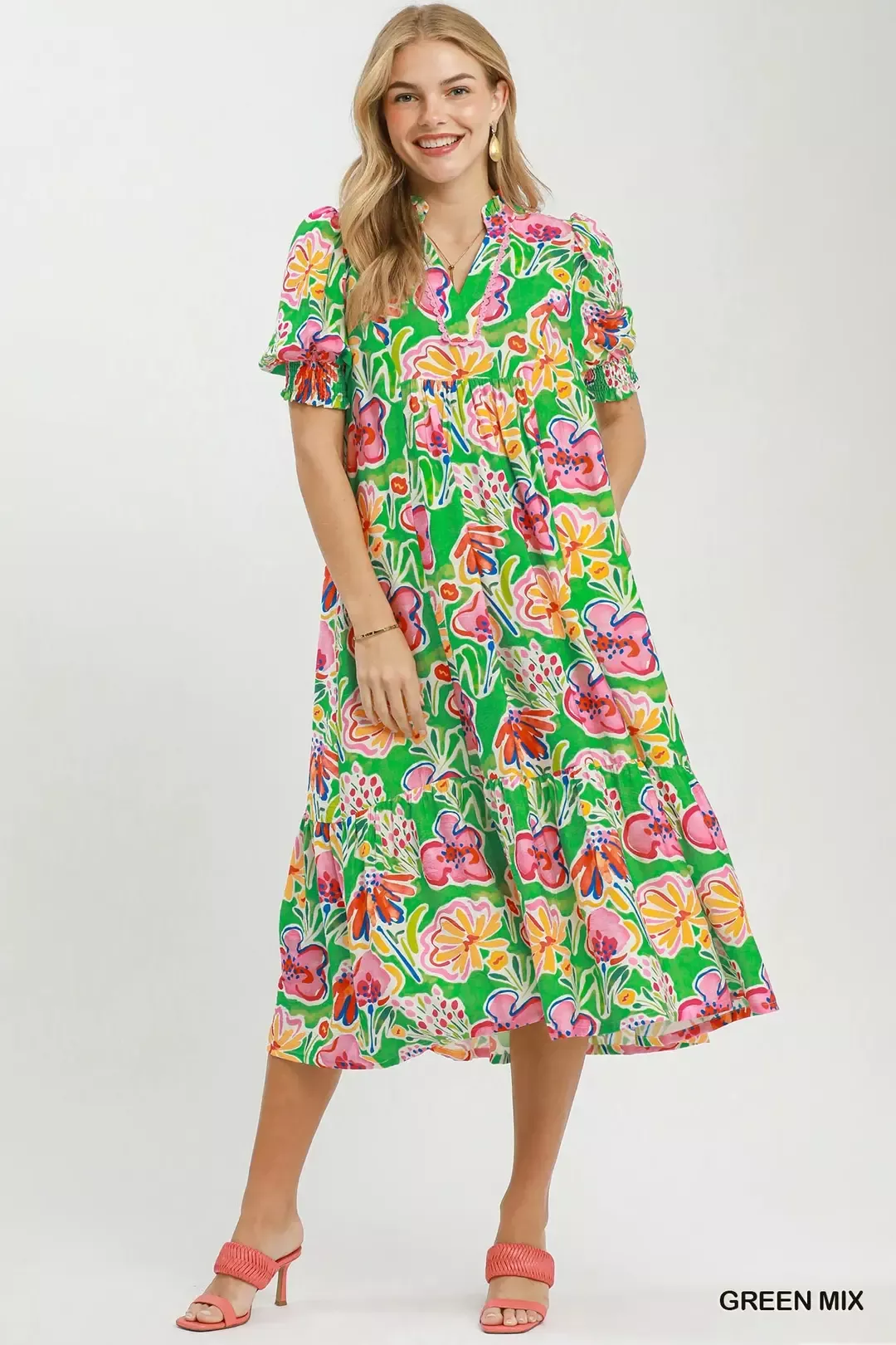 Umgee Floral Print Puff Sleeve Tiered Midi Dress - Image 2