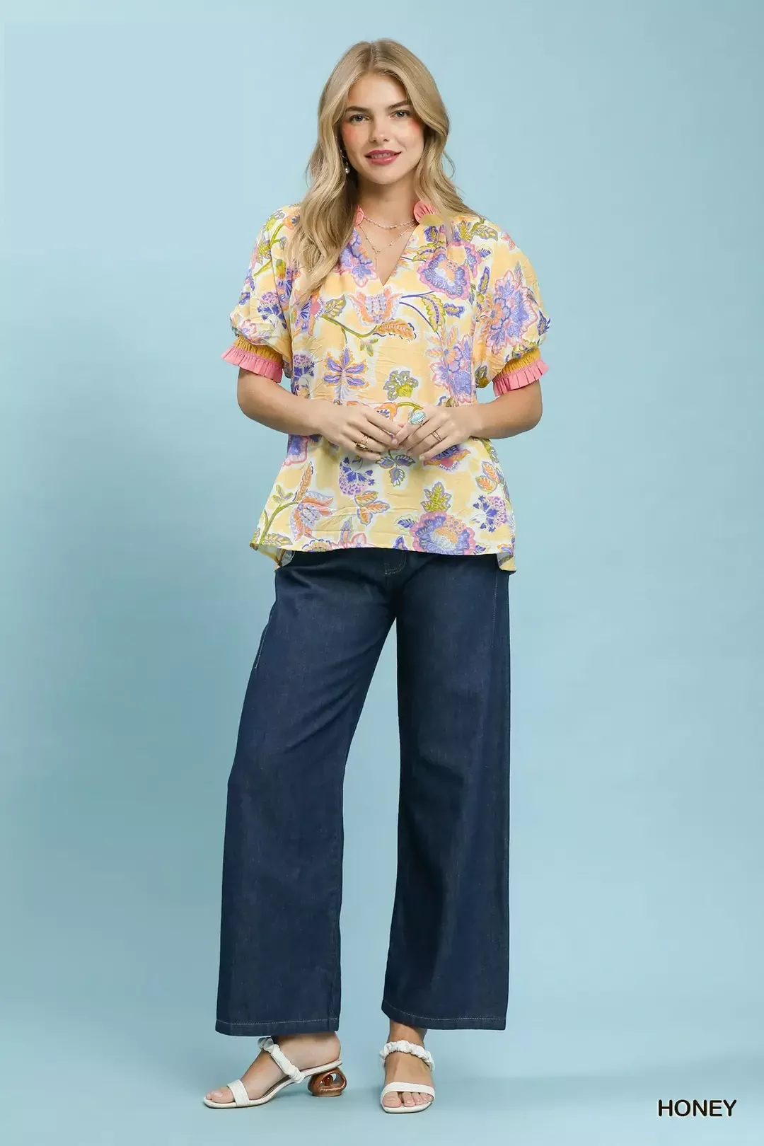 Umgee Floral Print Ruffled Short Sleeve Top - Image 4