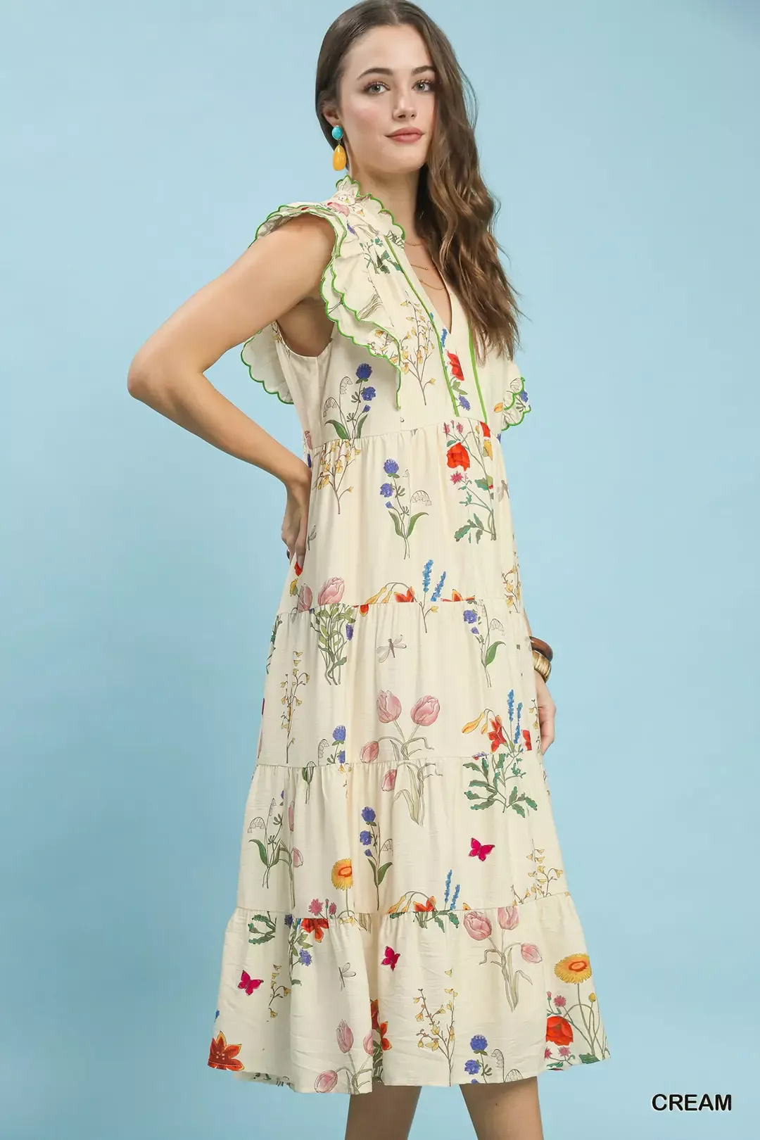 Umgee Floral Ruffle Tiered Midi Dress with Scalloped Detail - Image 2