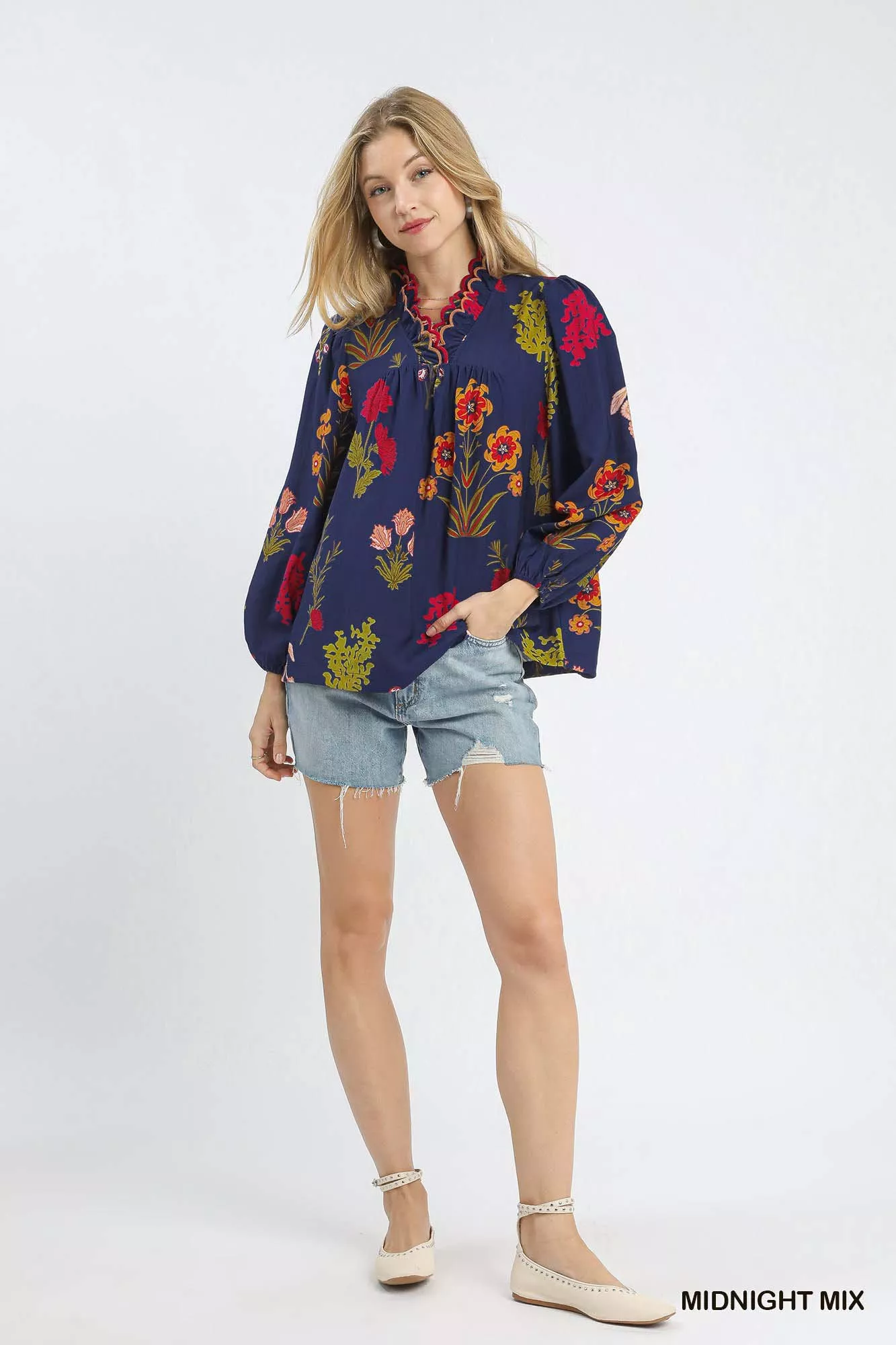 Umgee Flower Print Blouse with Scalloped Neckline - Image 4