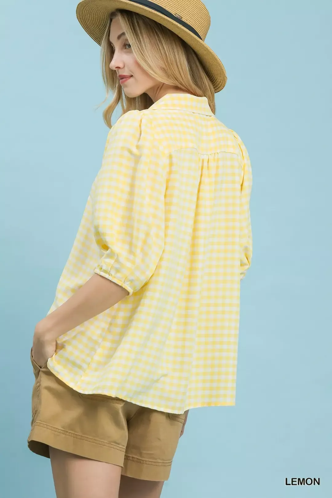 Umgee Gingham Puff Sleeve Collared Blouse - Image 3