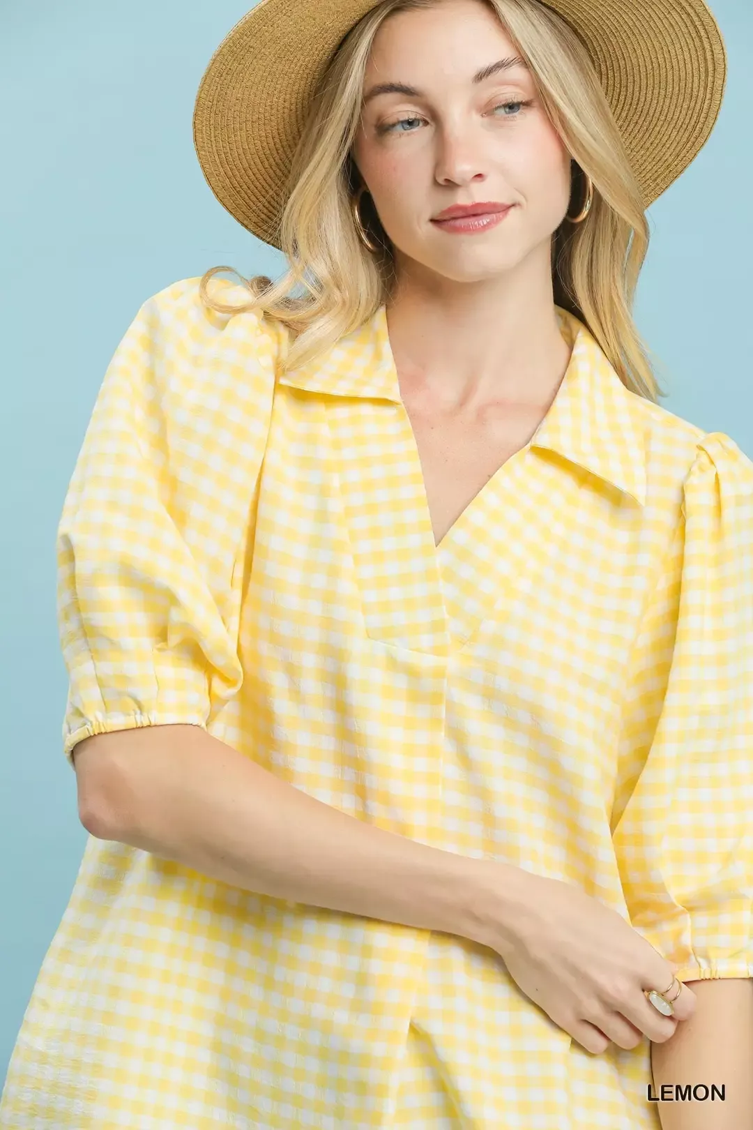Umgee Gingham Puff Sleeve Collared Blouse - Image 4