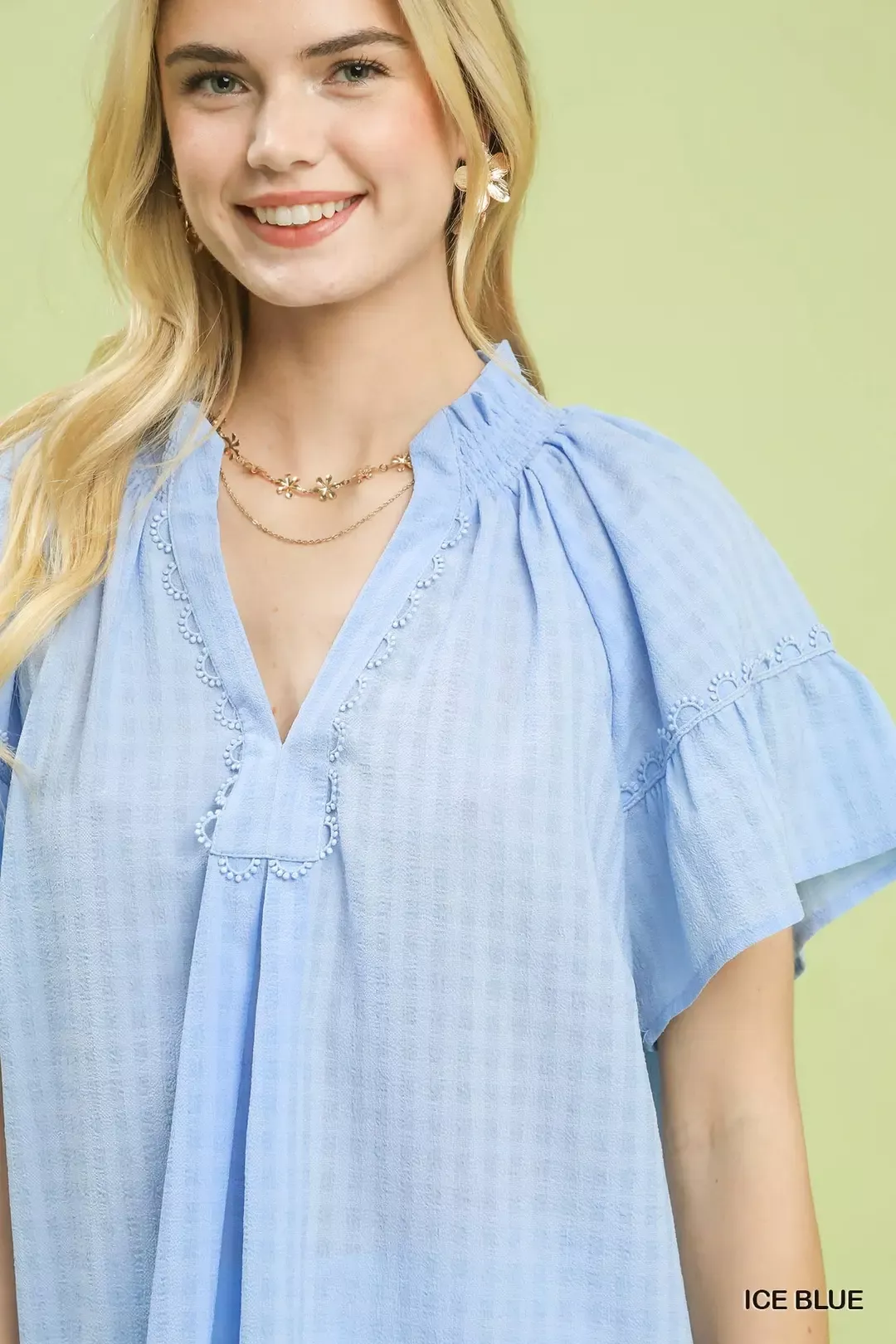 Umgee Gingham Puff Sleeve Top with Lace Trim - Image 5