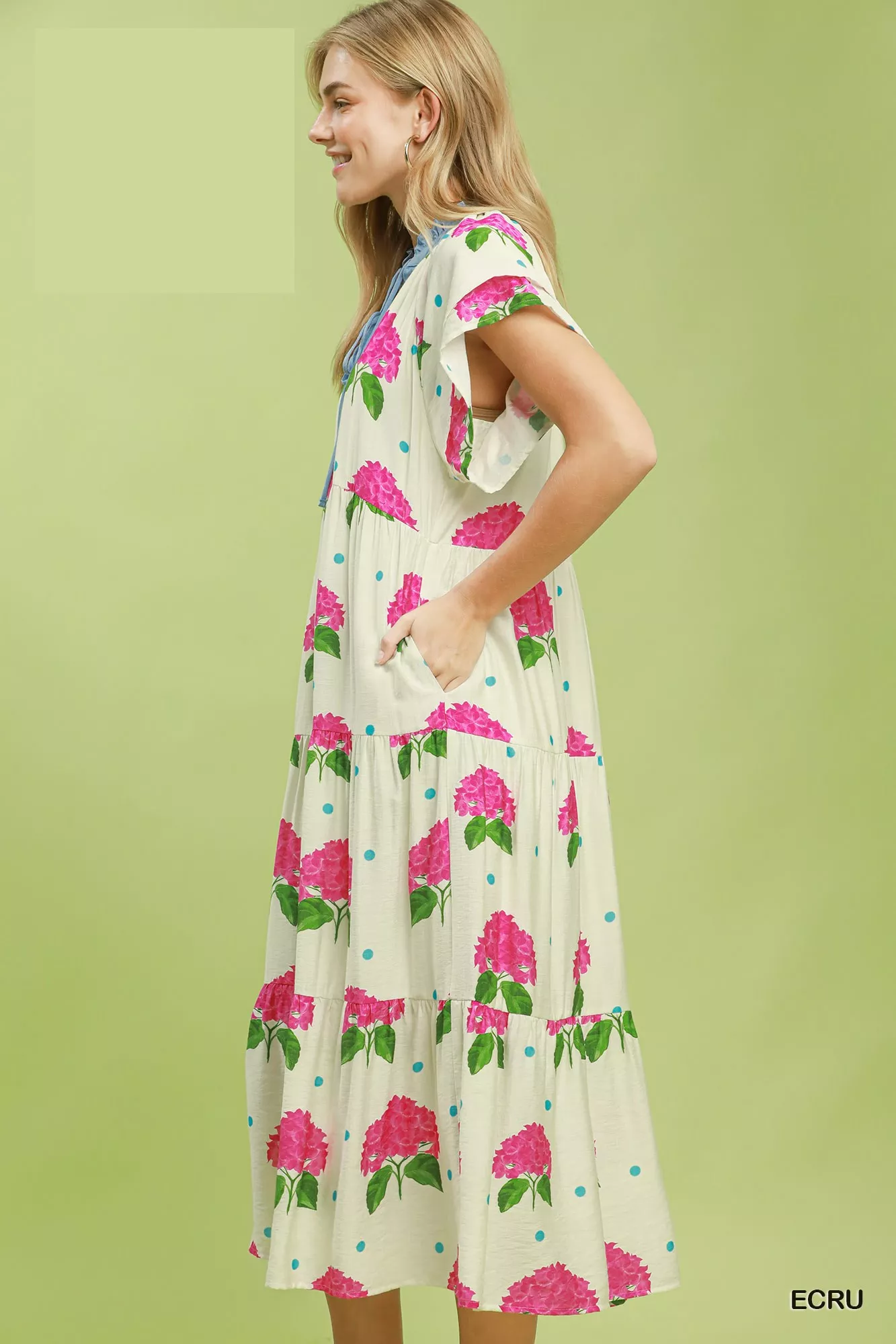 Umgee Hydrangea Print Tiered Midi Dress - Image 3