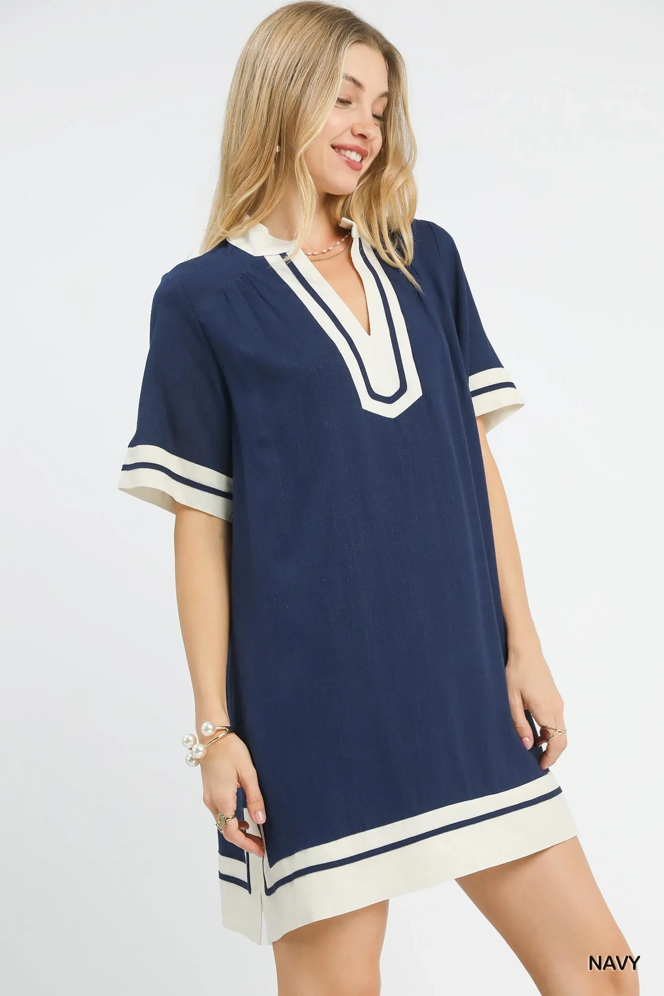 Umgee Linen Rayon Mini Dress in Navy - Image 2