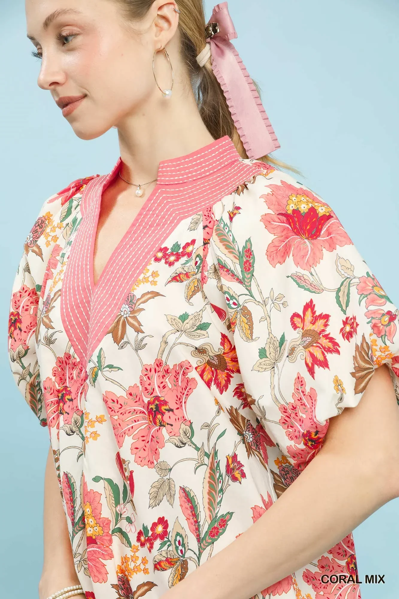 Umgee Mix Floral Puff Sleeve Blouse in Coral - Image 2