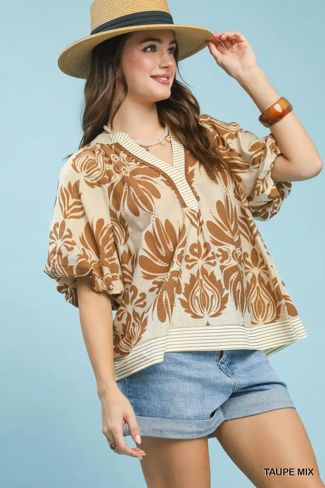 Umgee Mix Printed Puff Sleeve Top with Contrast Trim - Image 2