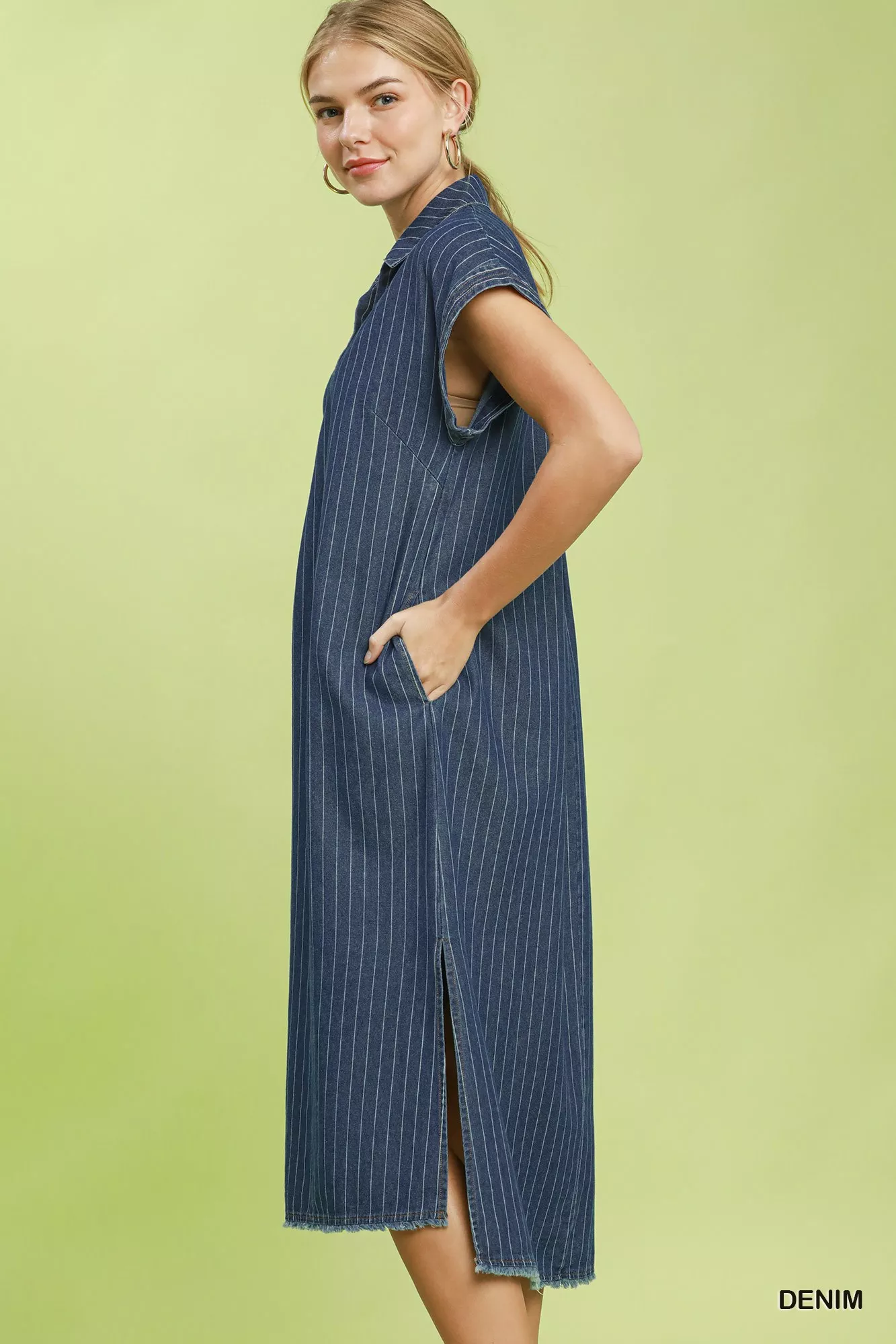 Umgee Pinstripe Denim Collared Midi Dress with Side Slits - Image 2