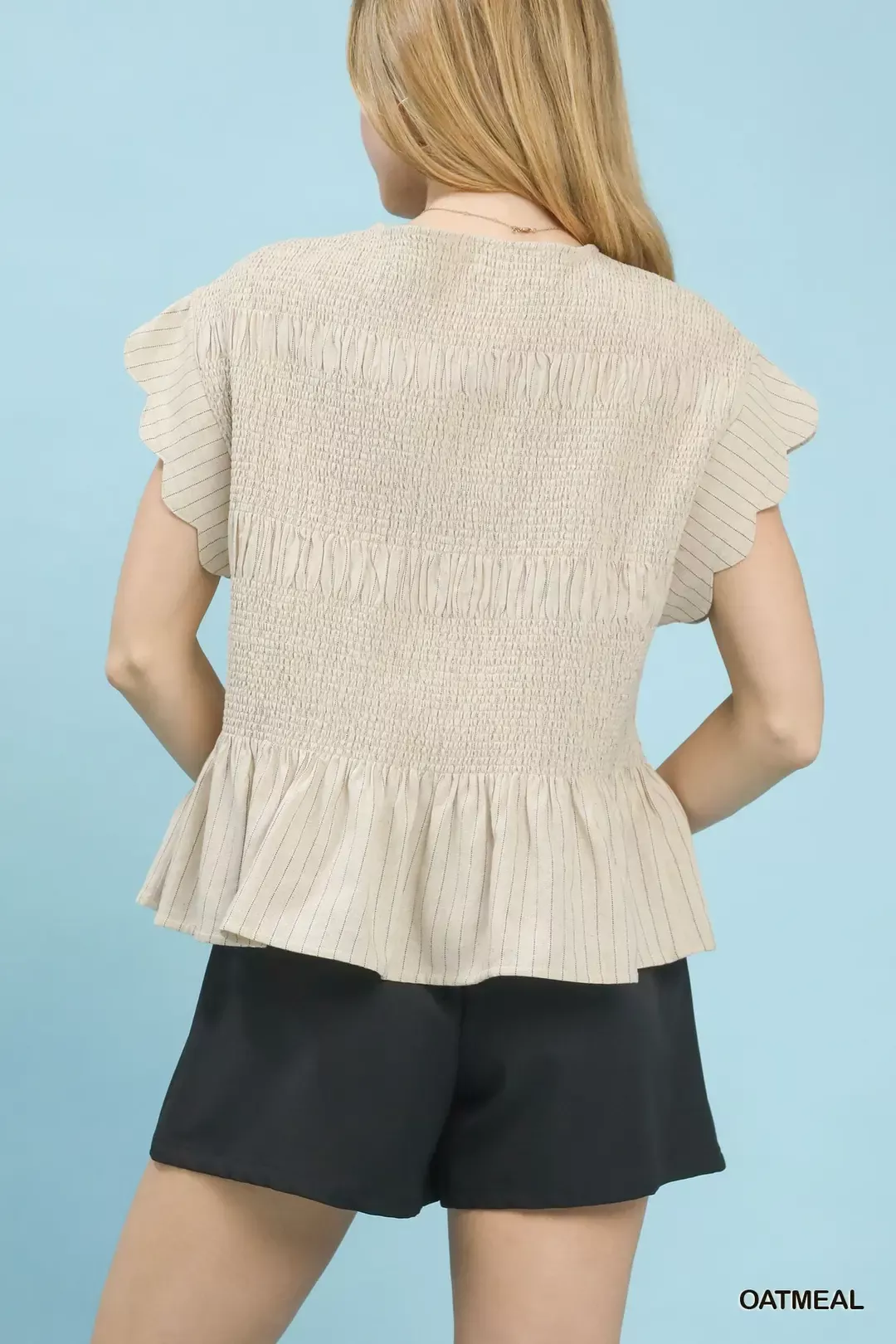 Umgee Pinstripe Smocked Peplum Top - Image 3