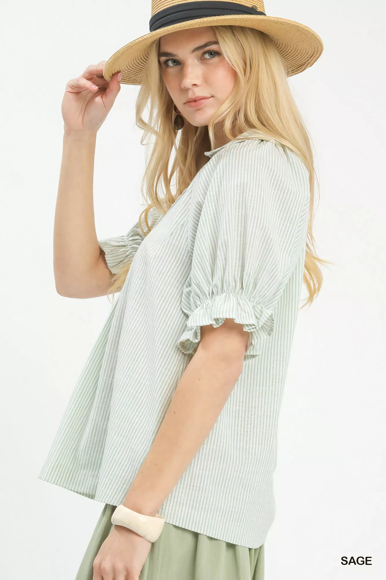 Umgee Pinstripe V-Neck Ruffle Sleeve Blouse - Image 2