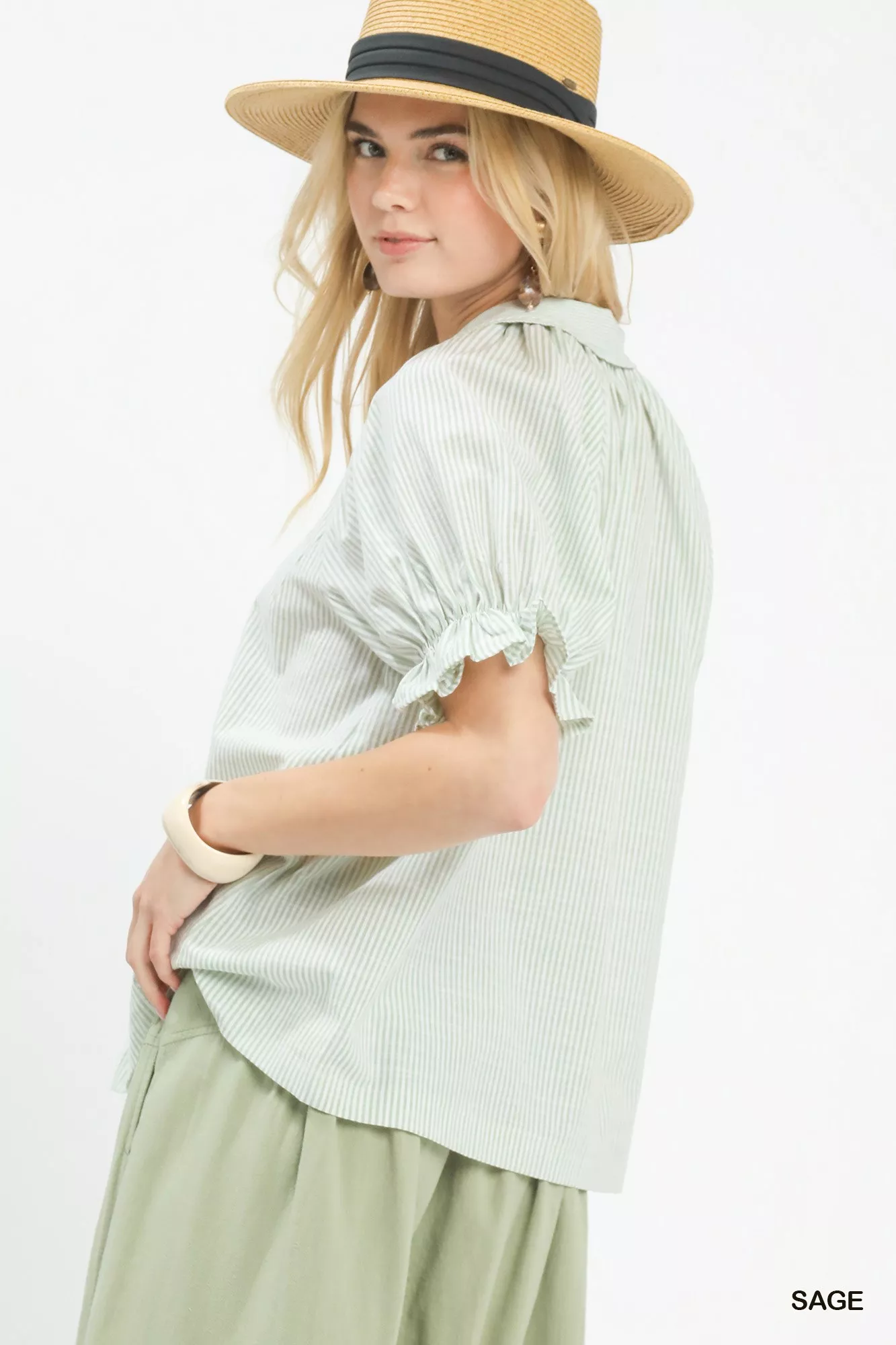 Umgee Pinstripe V-Neck Ruffle Sleeve Blouse - Image 3