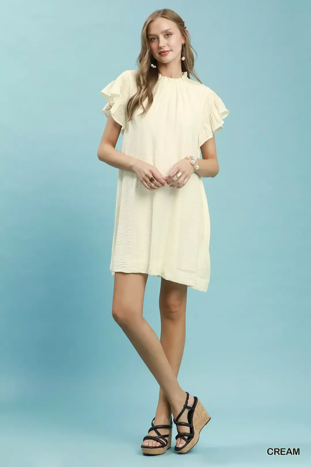 Umgee Ruffle Flutter Sleeve Dress in Cream - Image 4