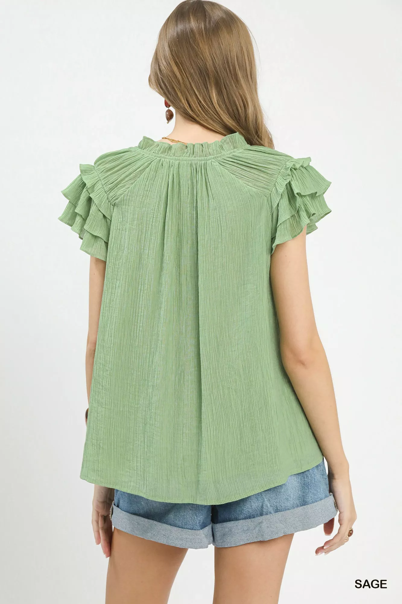 Umgee Ruffled Flutter Sleeve Textured Blouse - Image 3