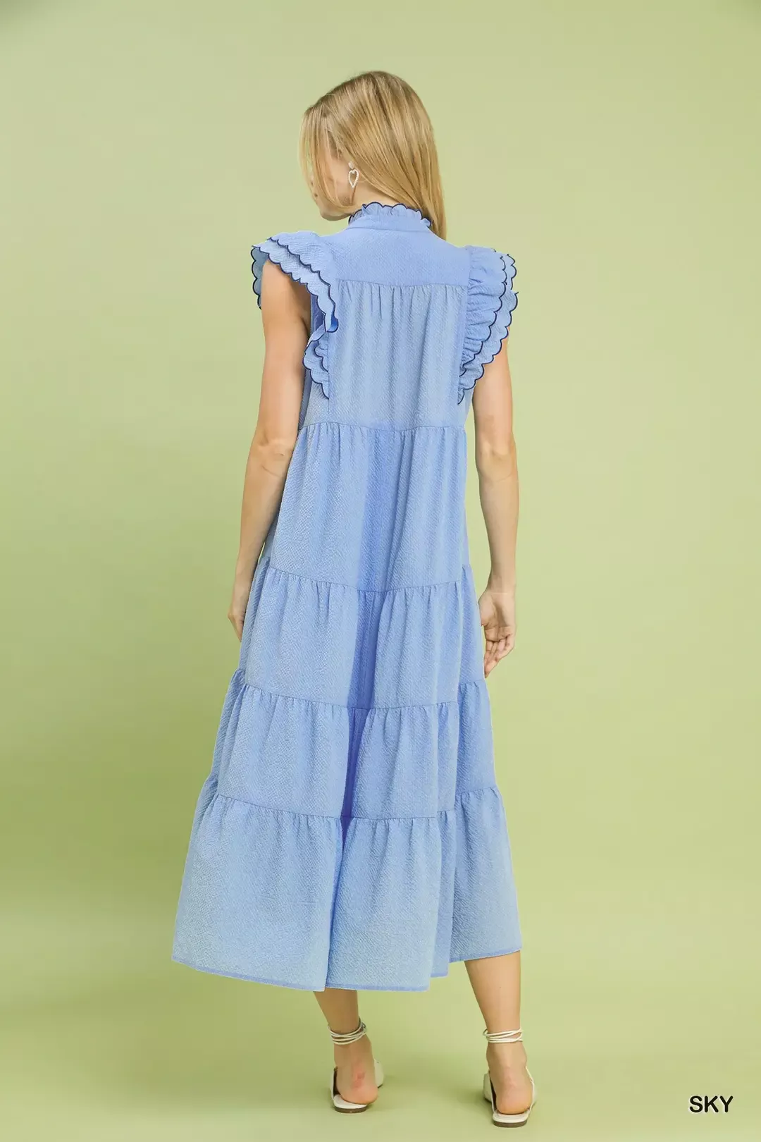 Umgee Seersucker Ruffle Sleeve Tiered Midi Dress - Image 3