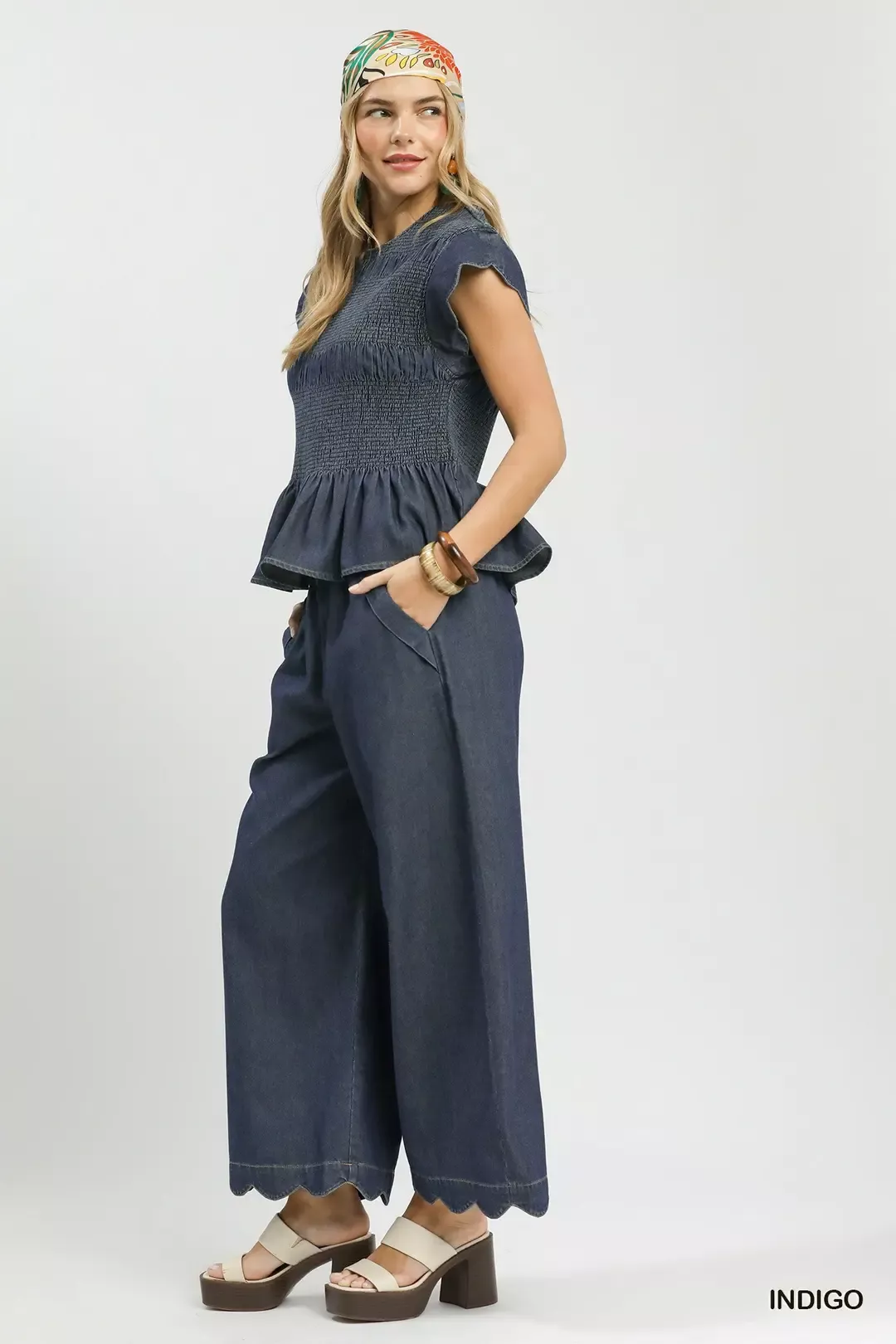 Umgee Smocked Peplum Top with Scalloped Ruffle Cap Sleeves - Image 6