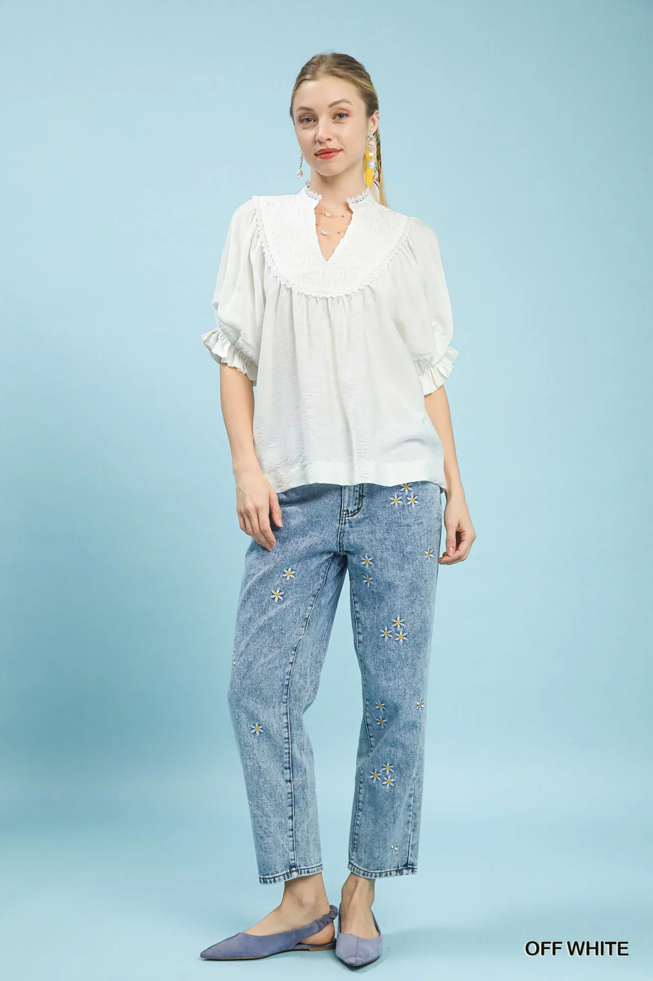 Umgee Smocked Yoke Blouse with Ruffle Sleeves in Off White - Image 5
