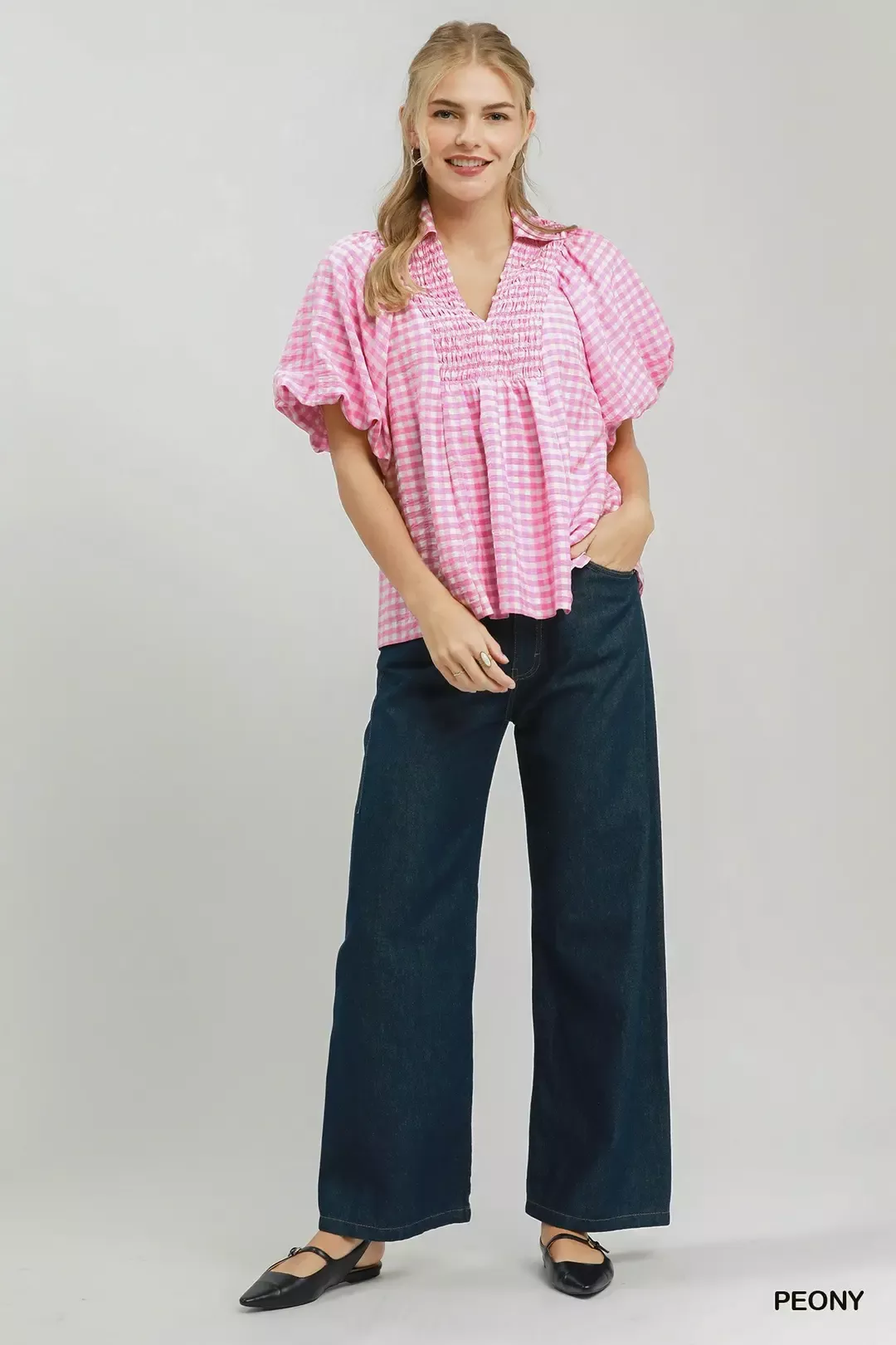 Umgee Smocked Yoke Puff Sleeve Gingham Blouse in Peony - Image 4