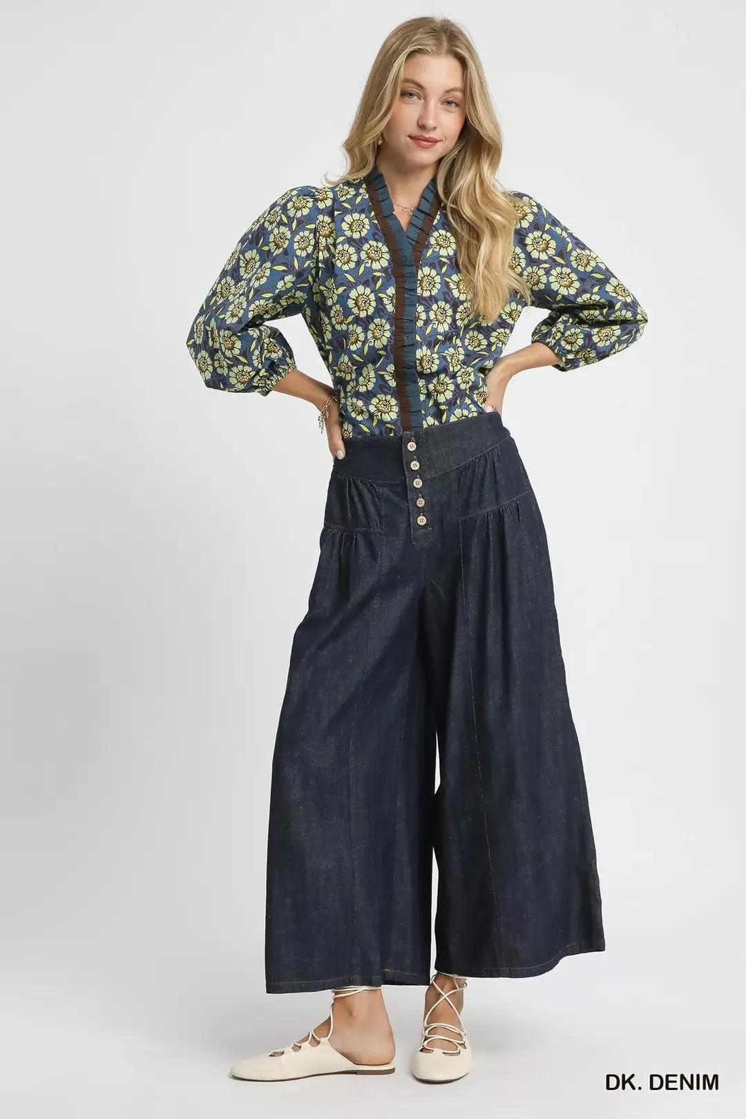 Umgee Stone Washed Wide-Leg Button-Front Culottes - Image 5