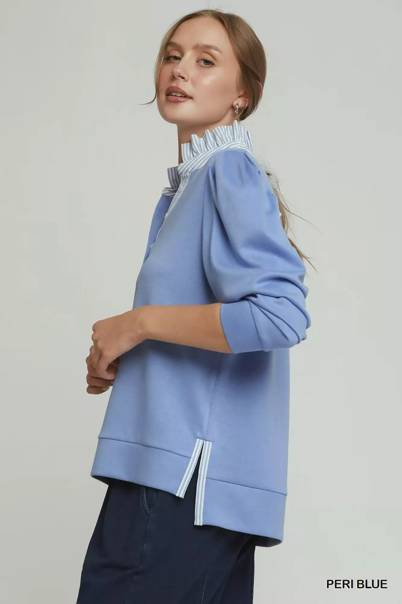 Umgee Stripe Ruffle Neck Long Sleeve Top - Image 2
