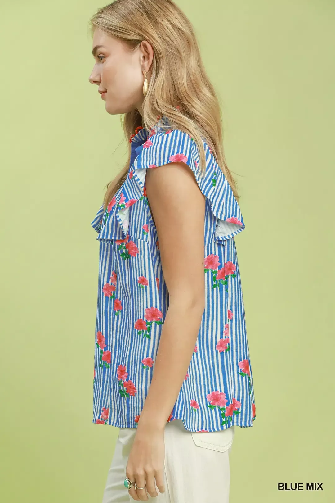 Umgee Striped Floral Ruffle Sleeve Top with Contrast Trim - Image 2