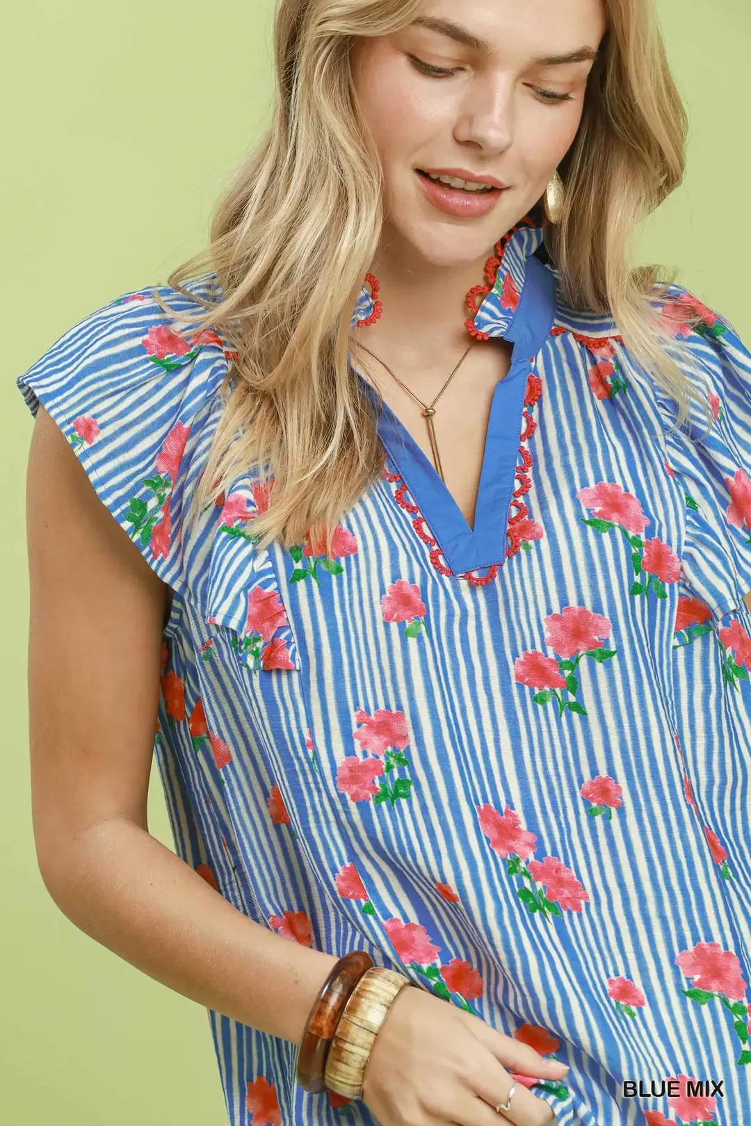 Umgee Striped Floral Ruffle Sleeve Top with Contrast Trim - Image 4