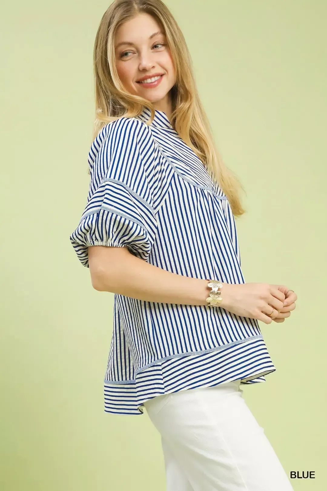 Umgee Striped Puff Sleeve Babydoll Top - Image 2
