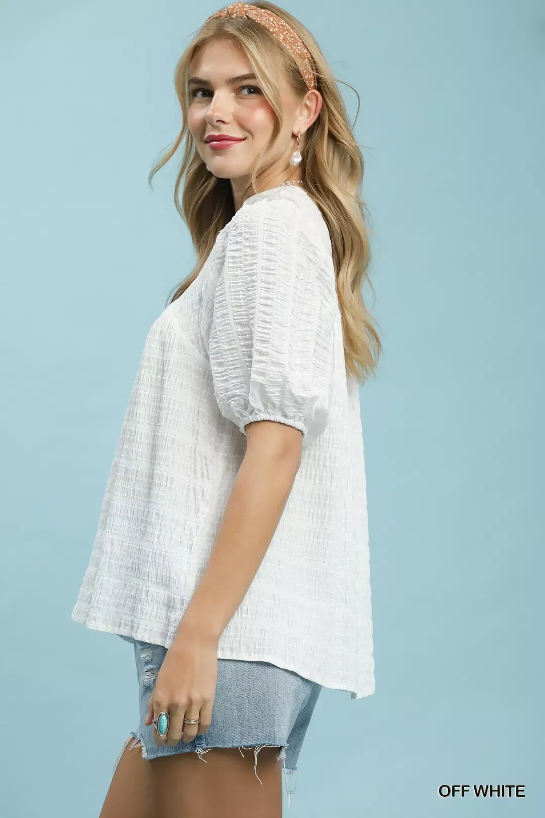 Umgee Textured Puff Sleeve Blouse - Image 2