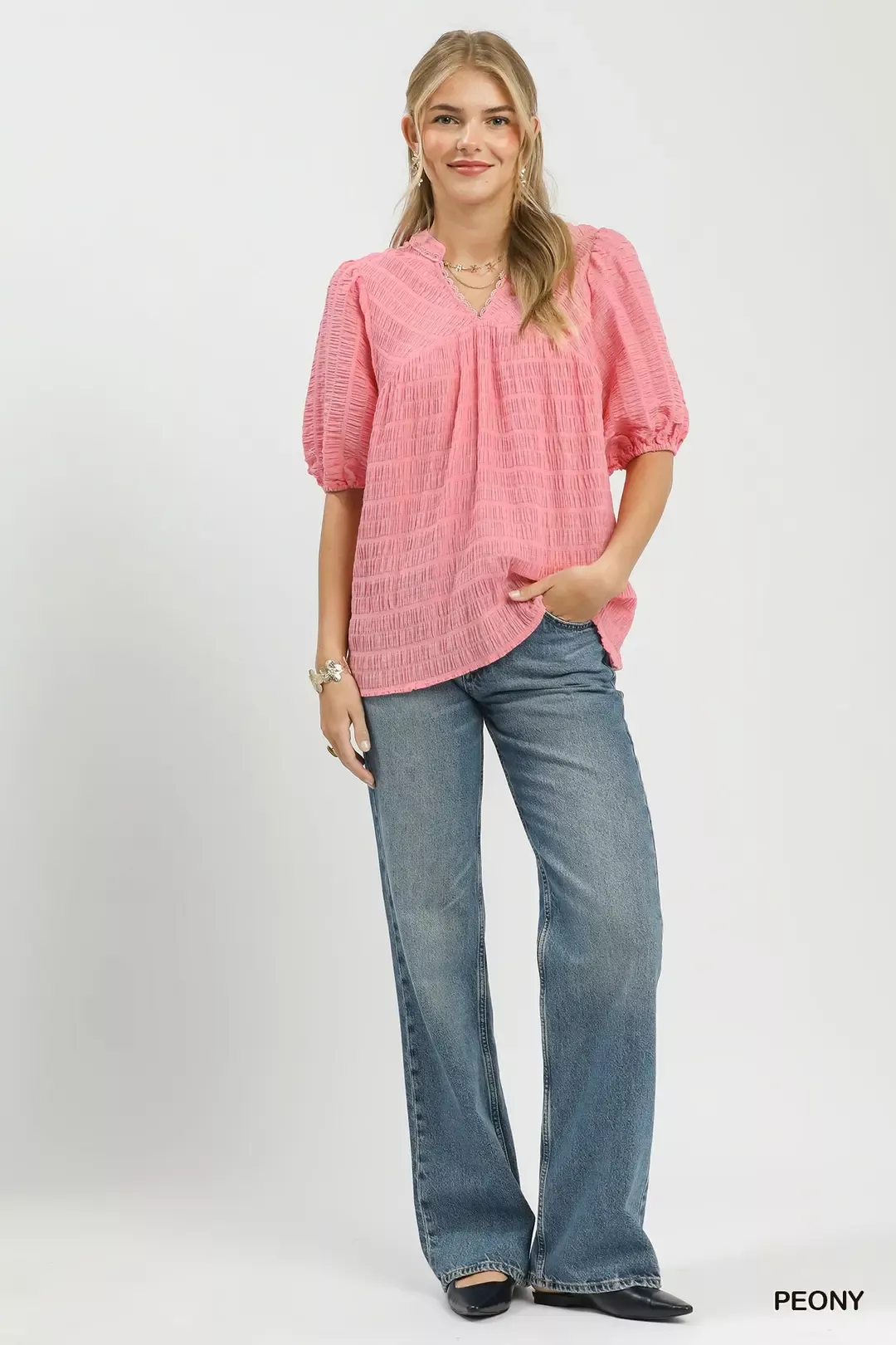 Umgee Textured Puff Sleeve Blouse - Image 5