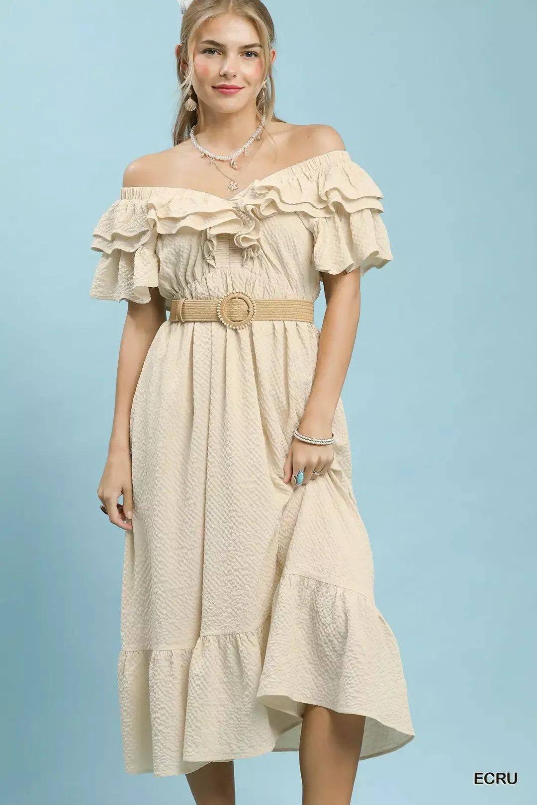 Umgee Textured Ruffle Midi Dress in Ecru - Image 2