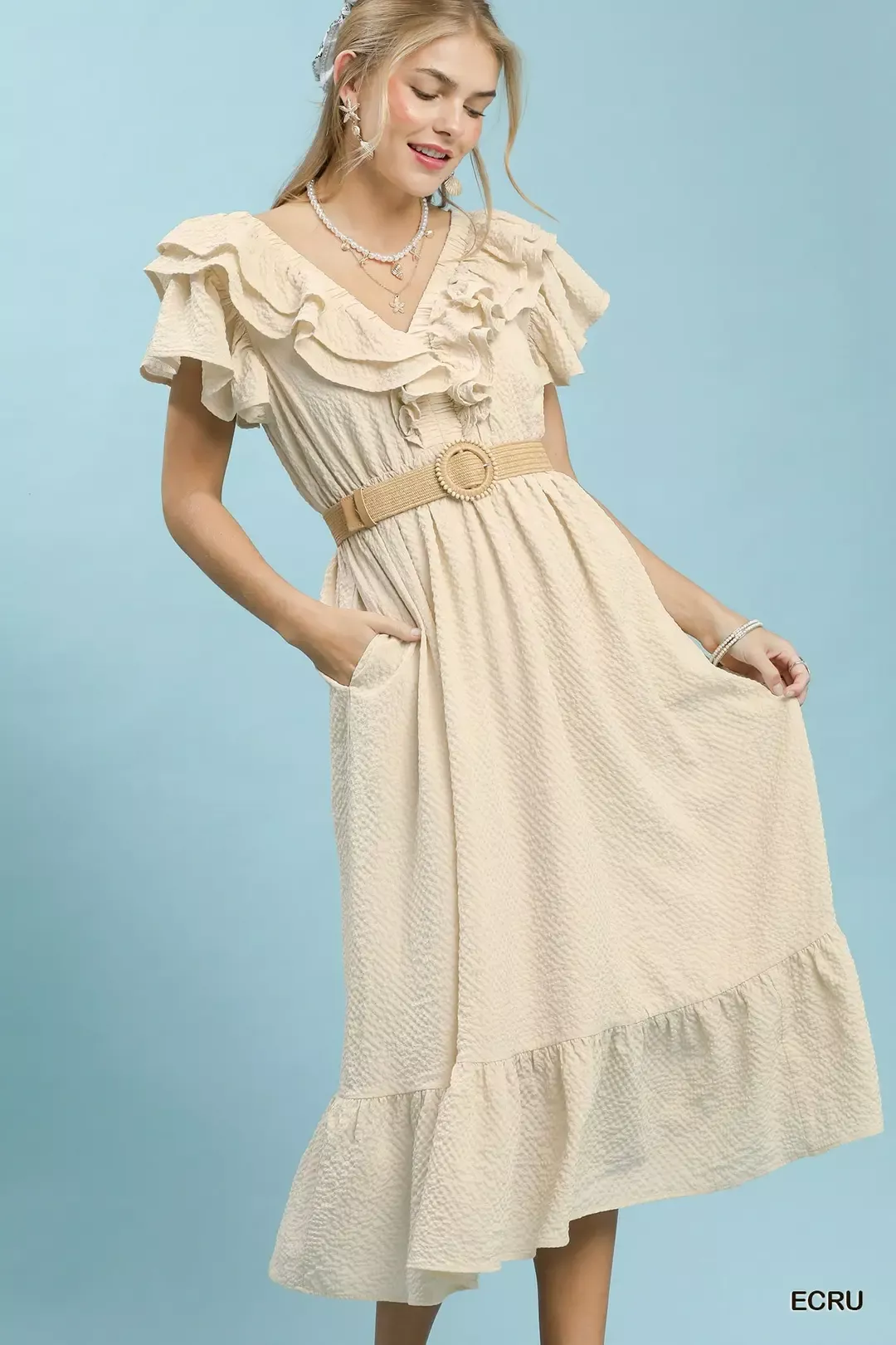 Umgee Textured Ruffle Midi Dress in Ecru - Image 3
