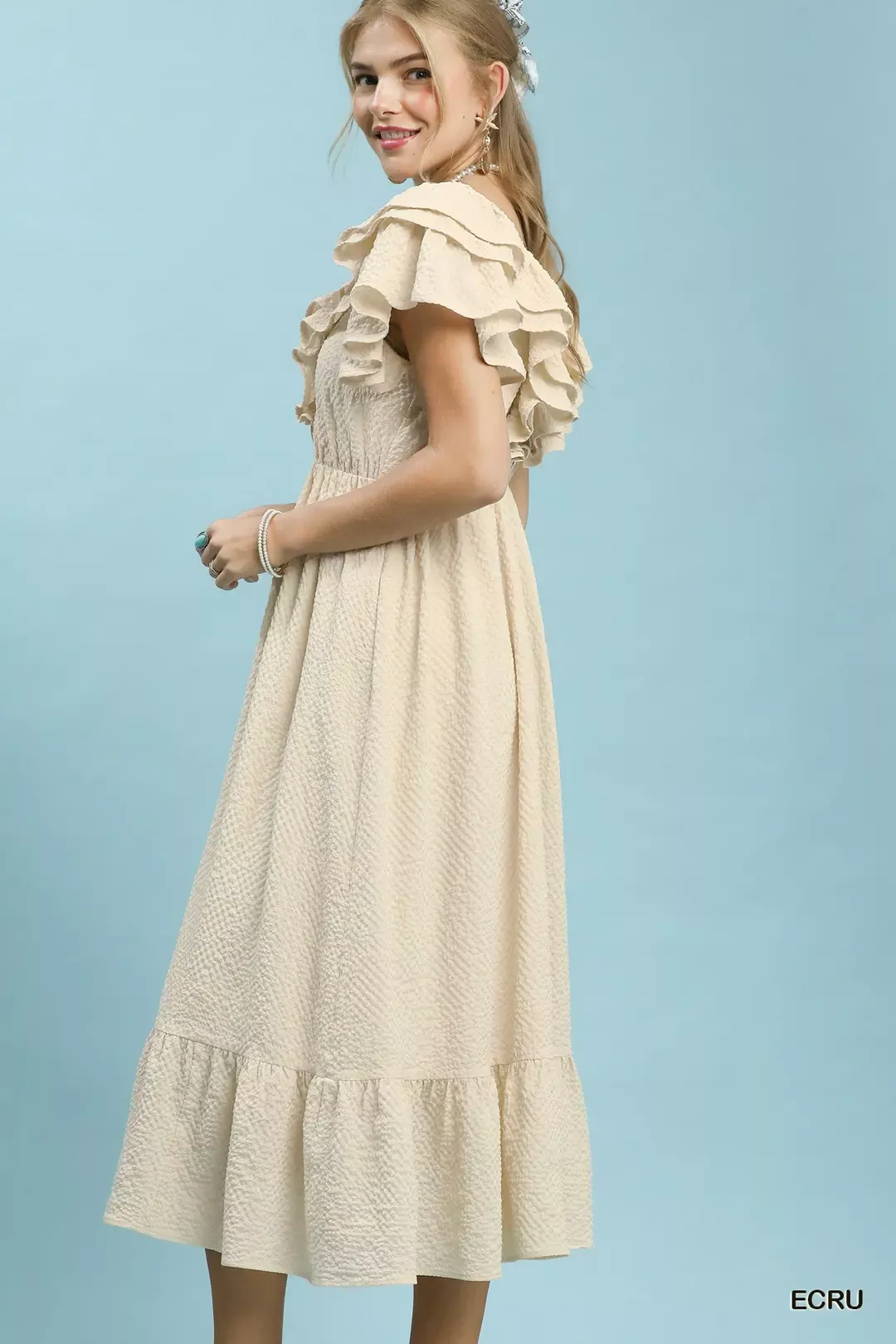 Umgee Textured Ruffle Midi Dress in Ecru - Image 4
