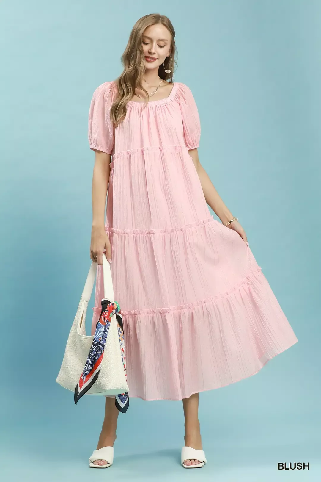 Umgee Textured Tiered Midi Dress in Blush