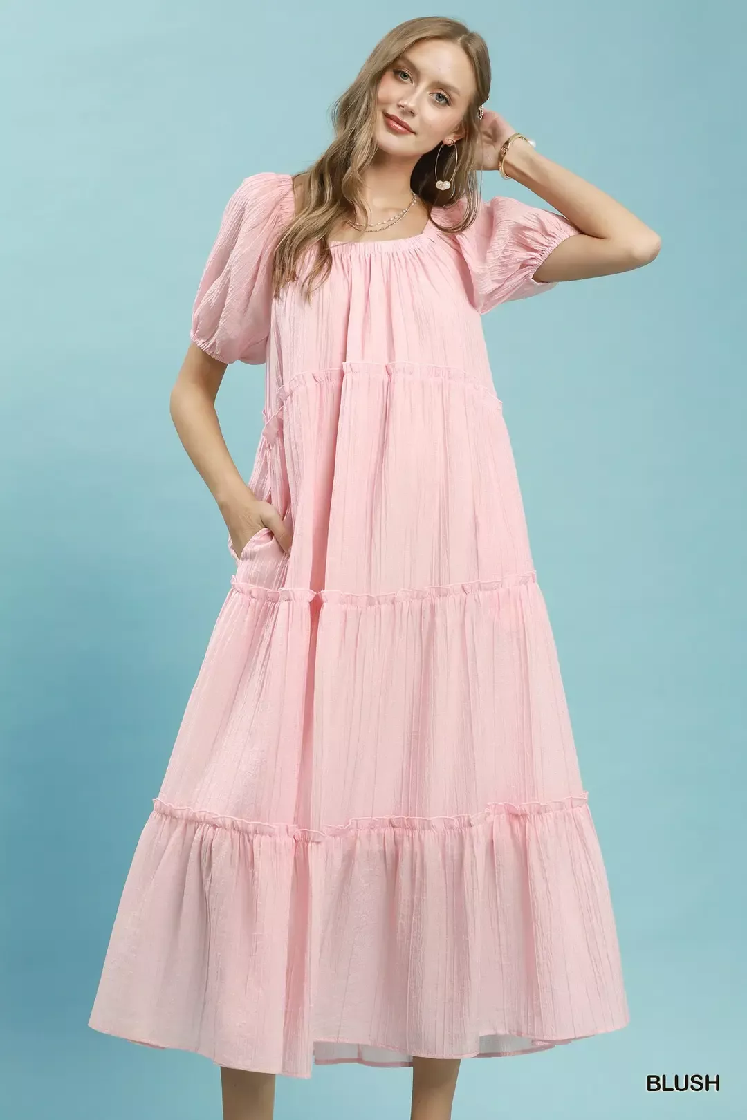 Umgee Textured Tiered Midi Dress in Blush - Image 2