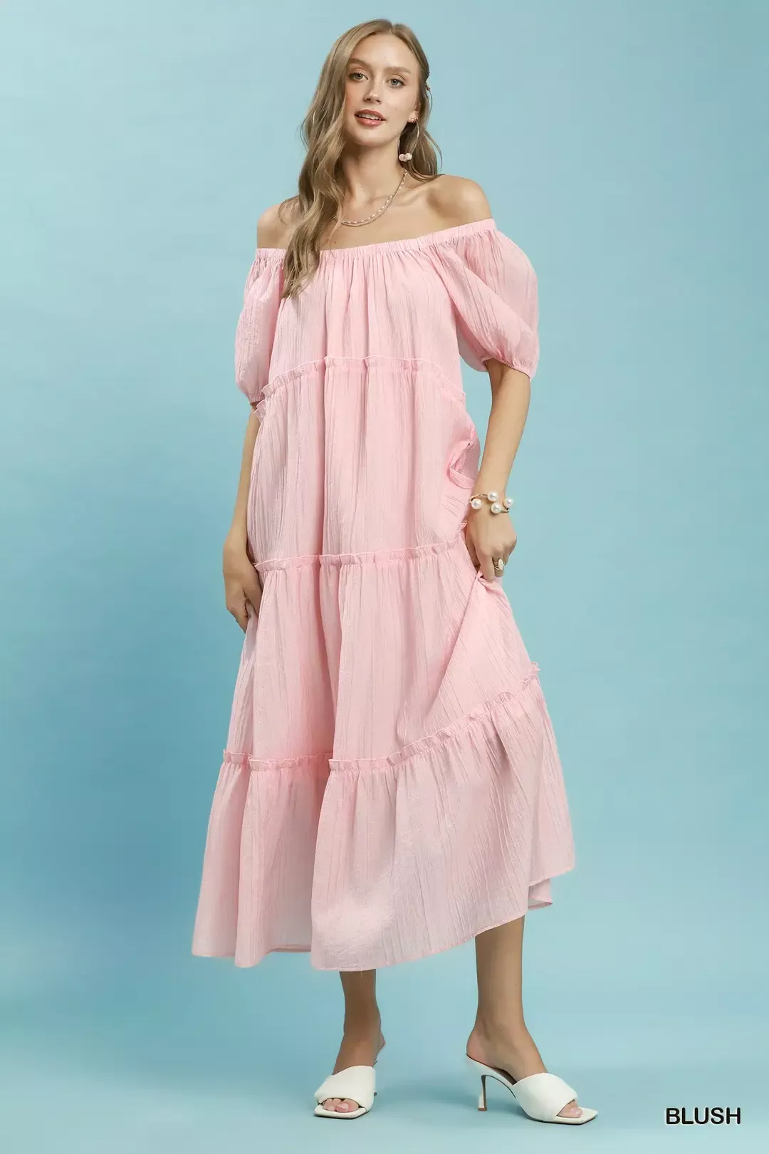 Umgee Textured Tiered Midi Dress in Blush - Image 3