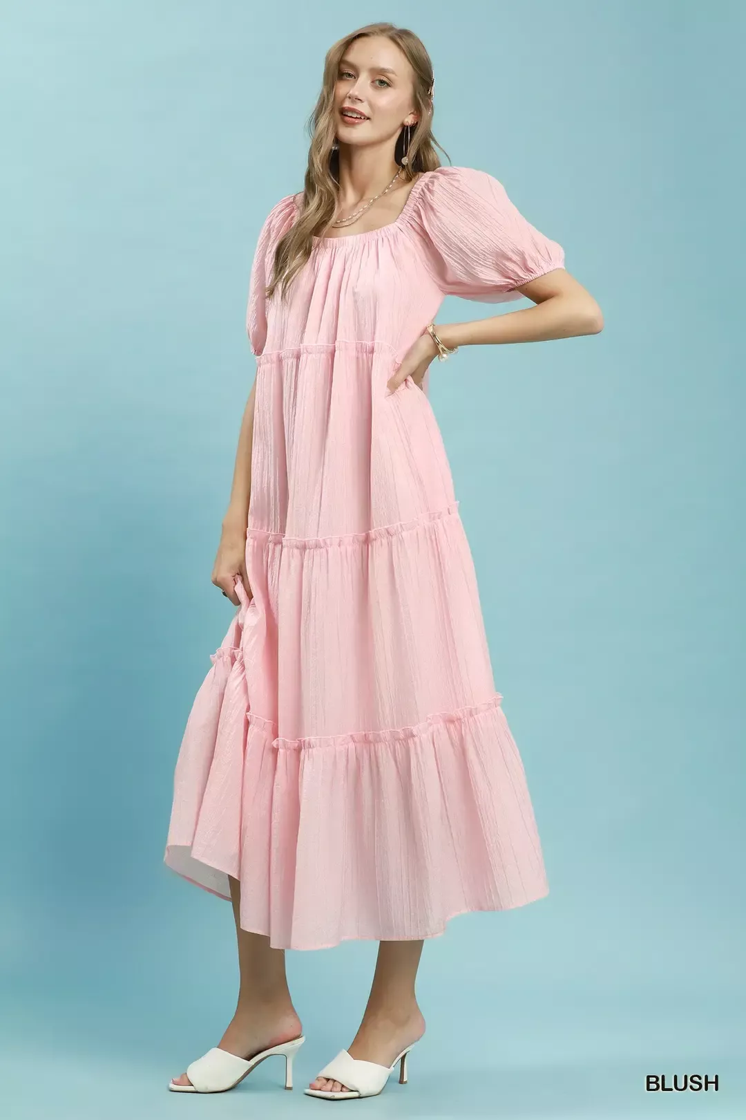 Umgee Textured Tiered Midi Dress in Blush - Image 4