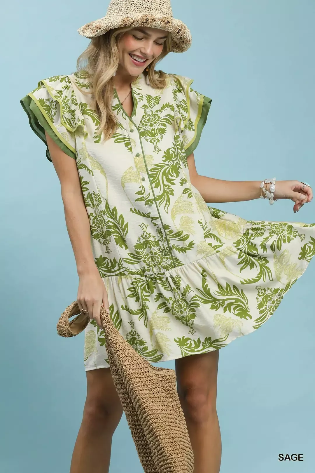 Umgee Toile Print Button-Front Placket Mini Dress with Dropped Ruffle Hem - Image 2