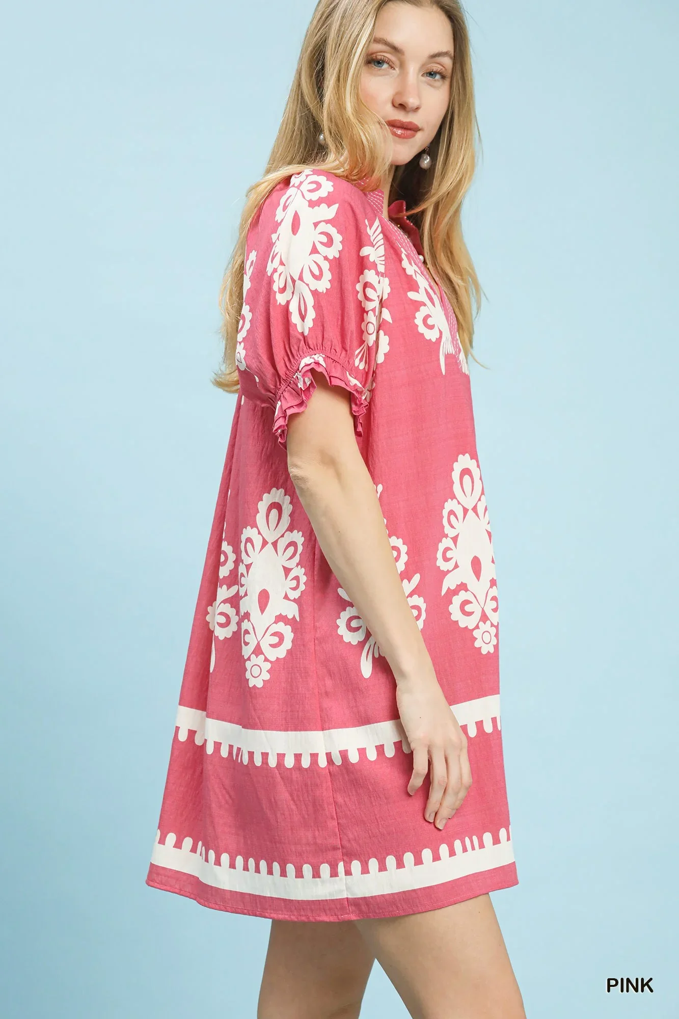 Umgee Two Tone Border Print Mini Dress in Pink - Image 2