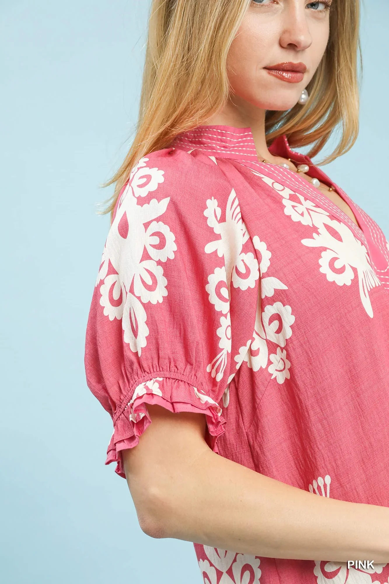 Umgee Two Tone Border Print Mini Dress in Pink - Image 4