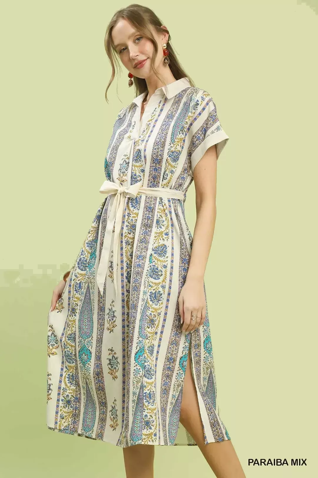 Umgee Vertical Print Tie Waist Midi Dress - Image 3