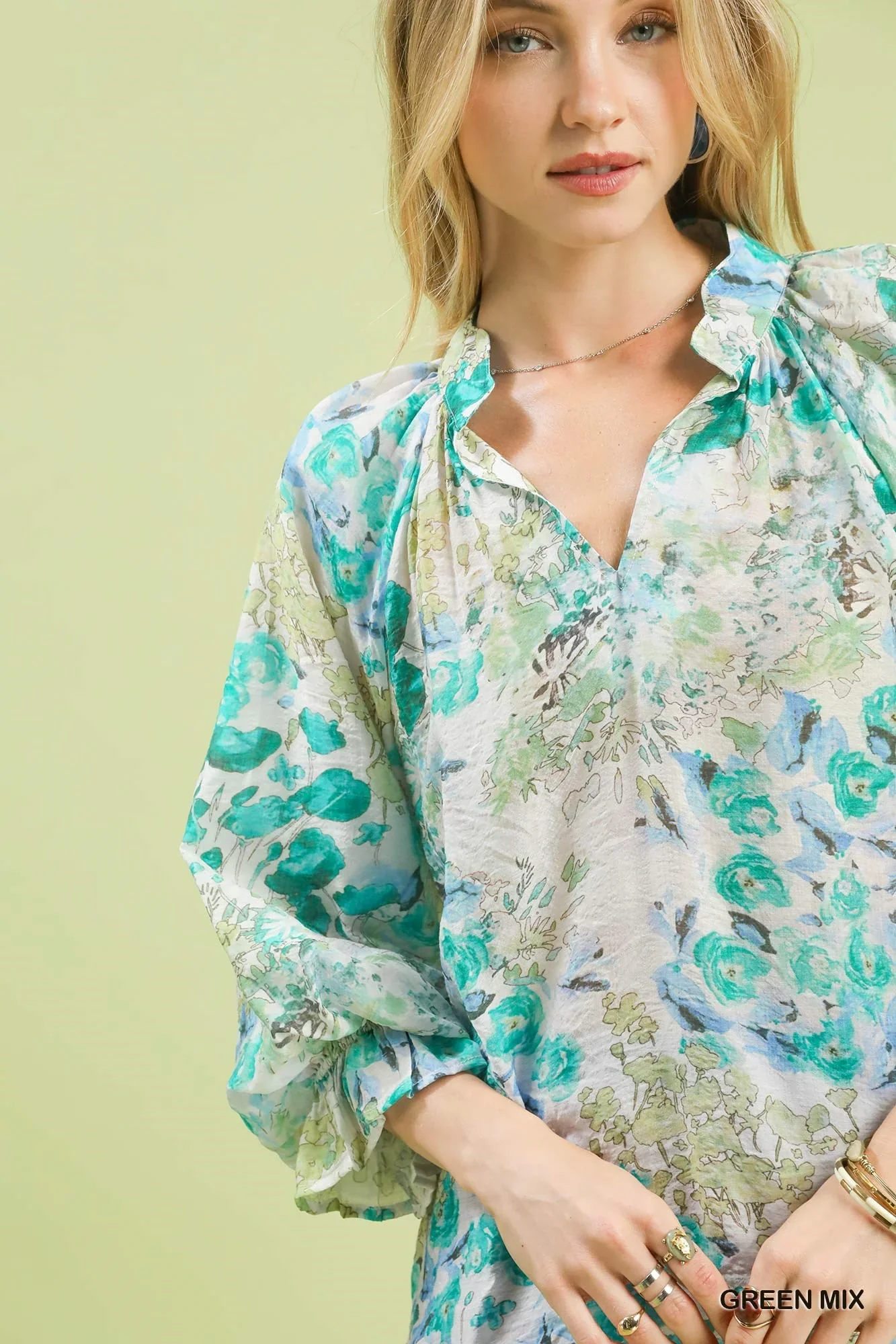 Umgee Watercolor Floral Blouse with Flounce Sleeve - Image 7