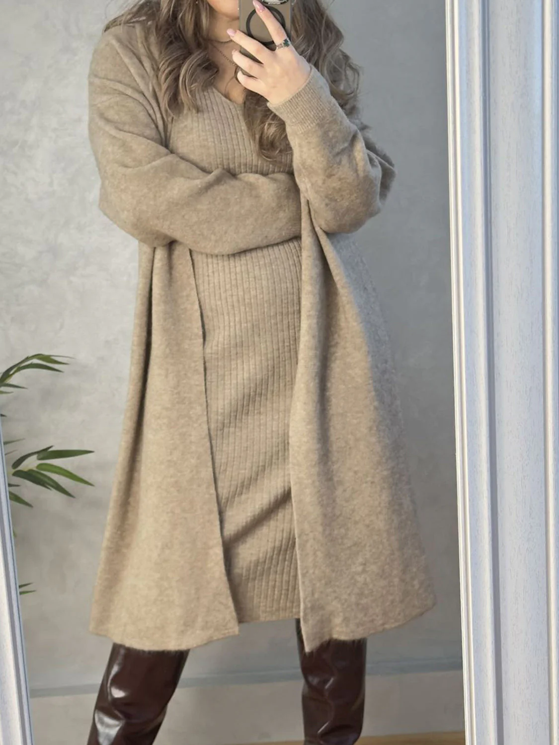 V-Neck Cami Dress and Open Front Cardigan Sweater Set - Image 8