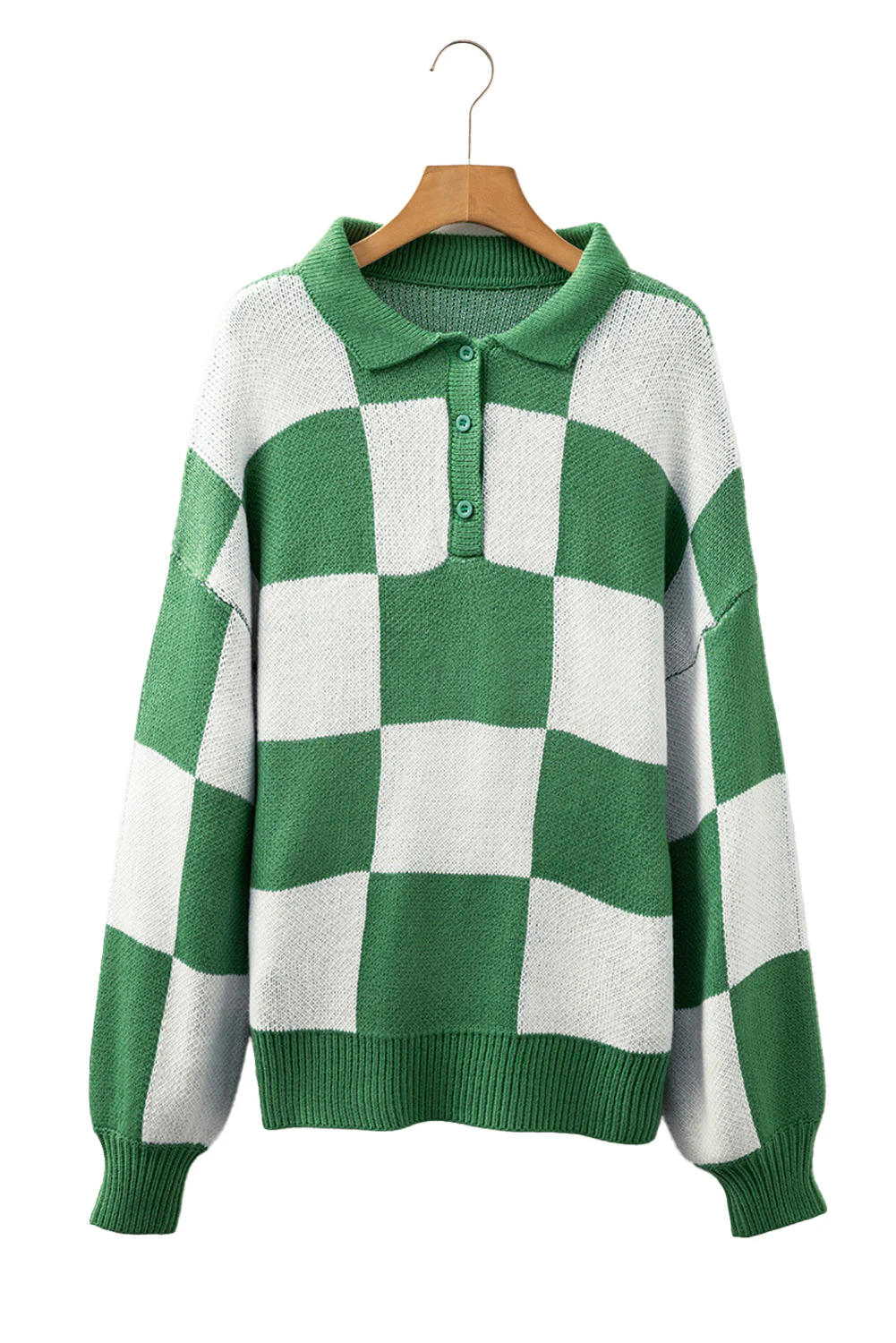 V Neck Checkered Sweater - Green - Image 10