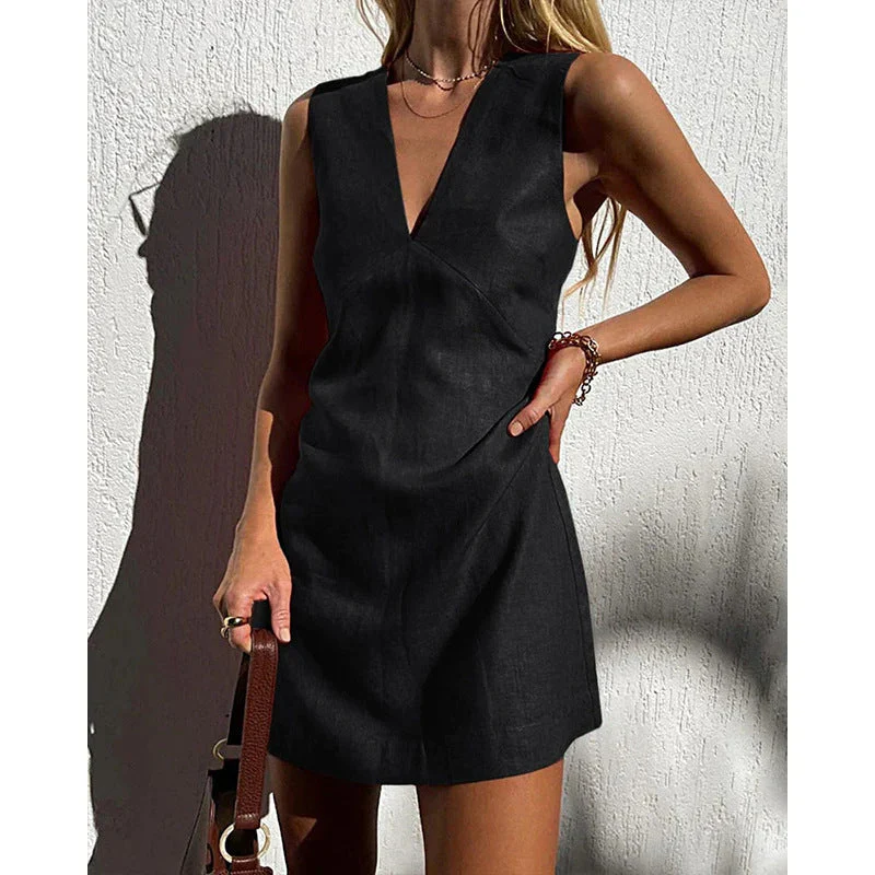🌿 V-Neck Cotton & Linen Sleeveless Mini Dress - Image 5