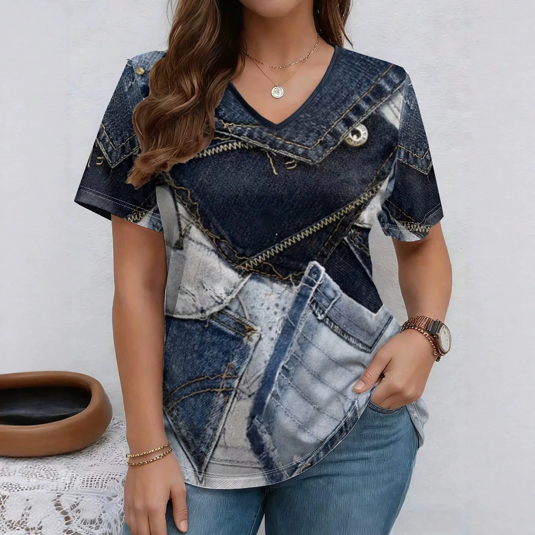 V-Neck Denim Print Short Sleeve T-Shirt | Loose Casual Tee